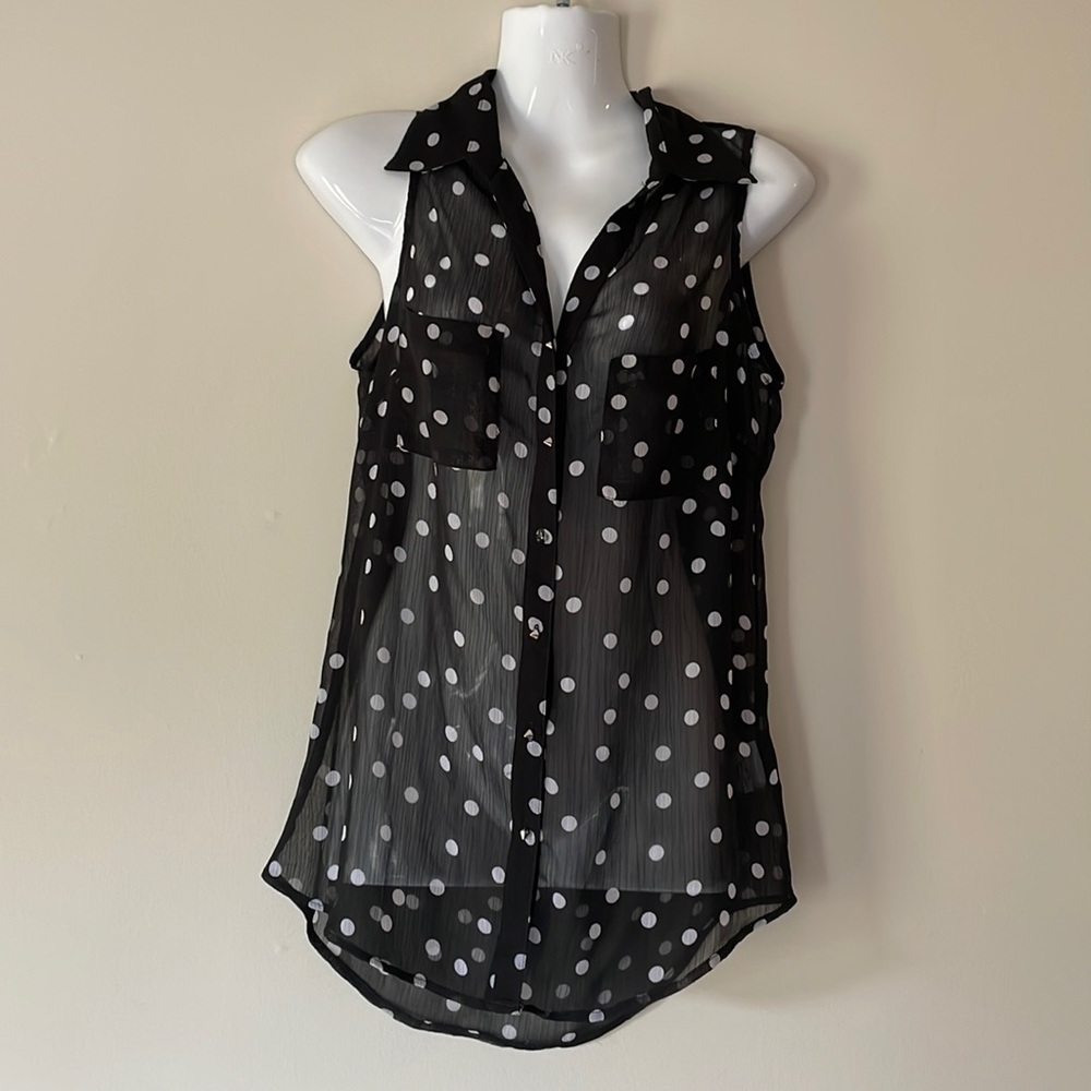 XXS Le Chateau- Sheer Blouse, Spike Buttons, Two Pockets, Black w Polka Dots